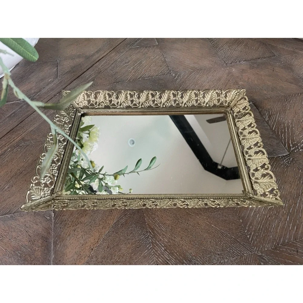 Vtg Mirrored Vanity Tray Gold Filigree Rectangle Hollywood Regency Dresser Decor